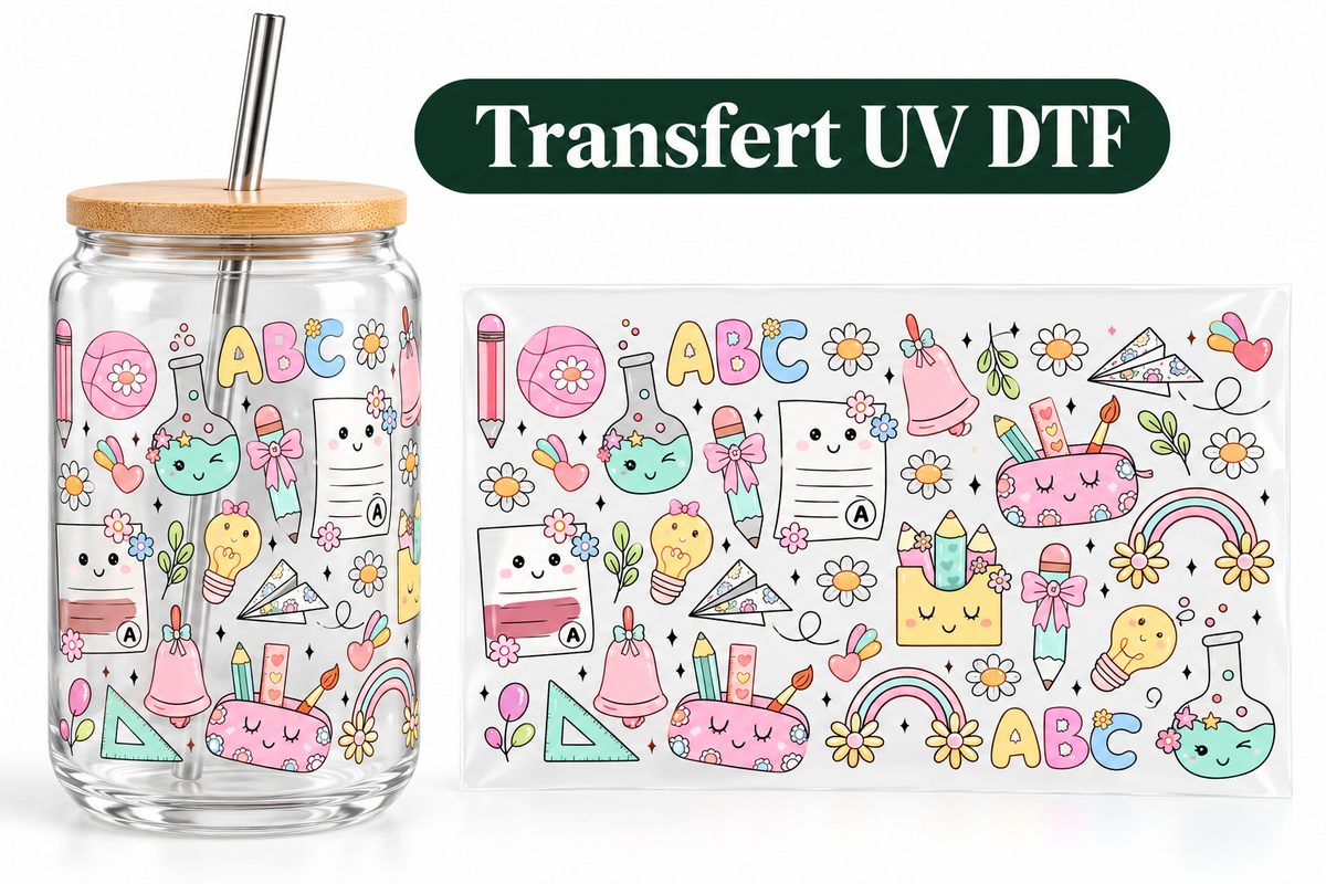 Transfert UV DTF – Rentrée Scolaire Pastel Kawaii 📚🎀