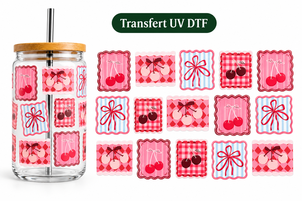 Transfert UV DTF – Cerises Rétro & Nœuds Coquette 🍒🎀