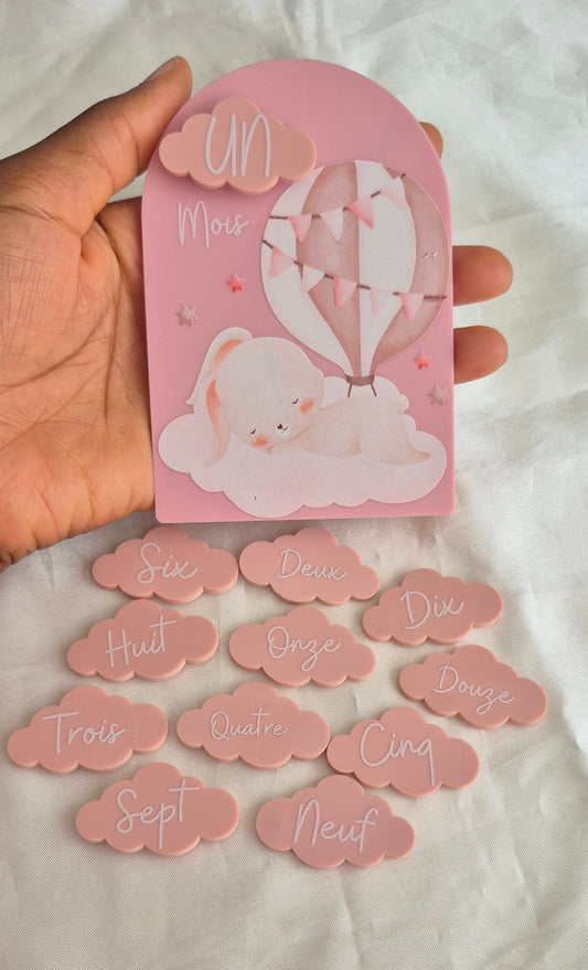 Carte Étape Bébé Ballon & Lapin Rose Aimantée