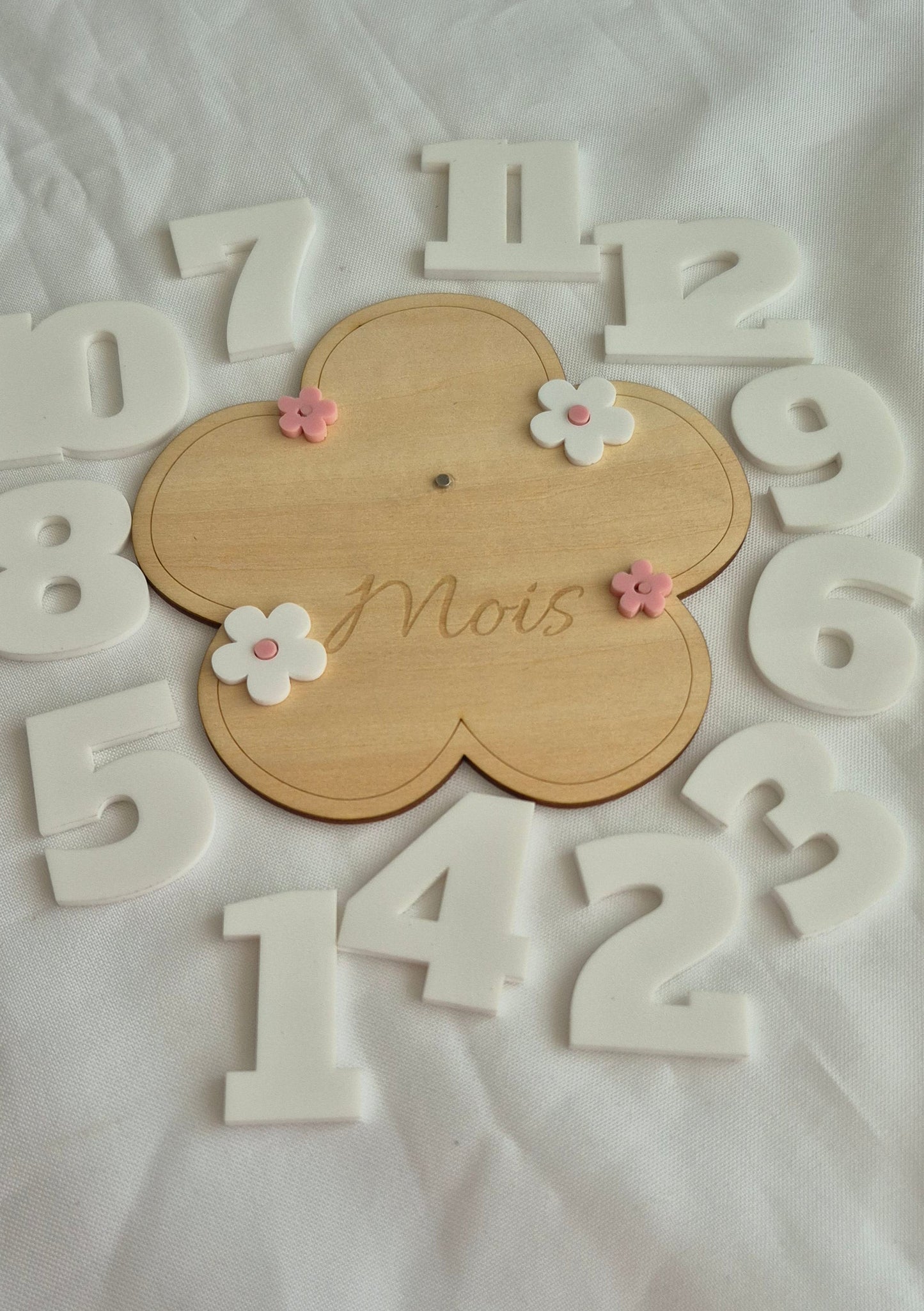 Carte étape bébé fleur en bois et acrylique