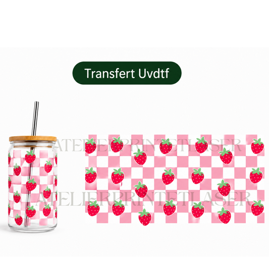 Transfert UV DTF – Motif fraises et damier rose