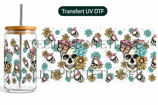 Transfert UV DTF – Skull Flowers & Butterfly