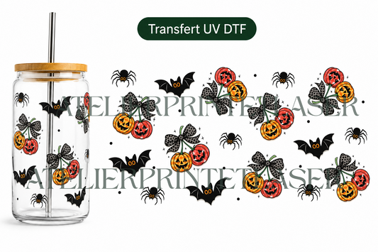 Transfert UV DTF Halloween – Citrouilles, Nœuds & Chauves-souris