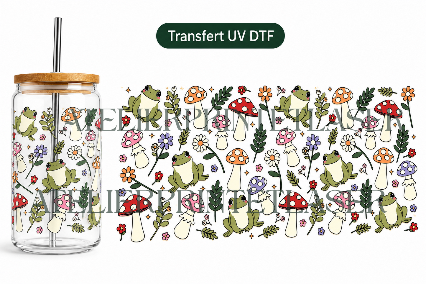 Transfert UV DTF – Grenouilles & Champignons 🍄🐸🌼