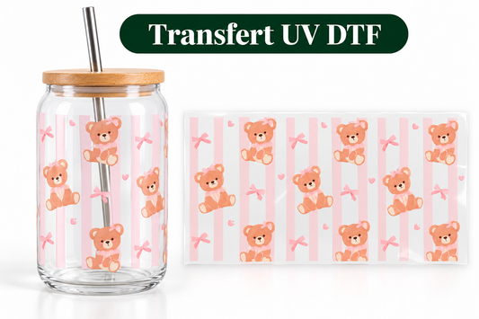 Transfert UV DTF – Oursons Roses & Petits Nœuds 🧸🎀