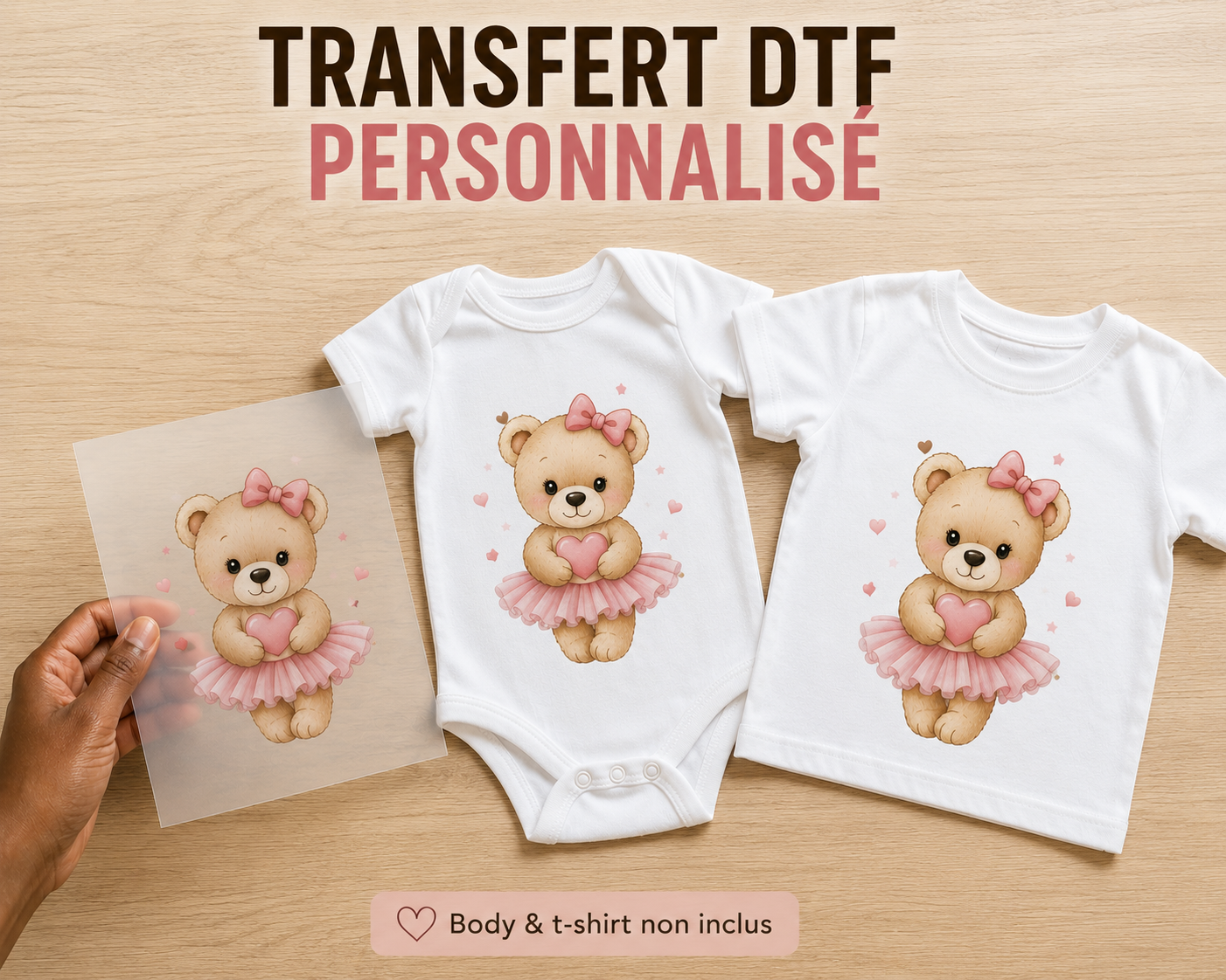 Transfert DTF personnalisé pour body bébé, T-shirt enfant - Photo, texte ou prénom