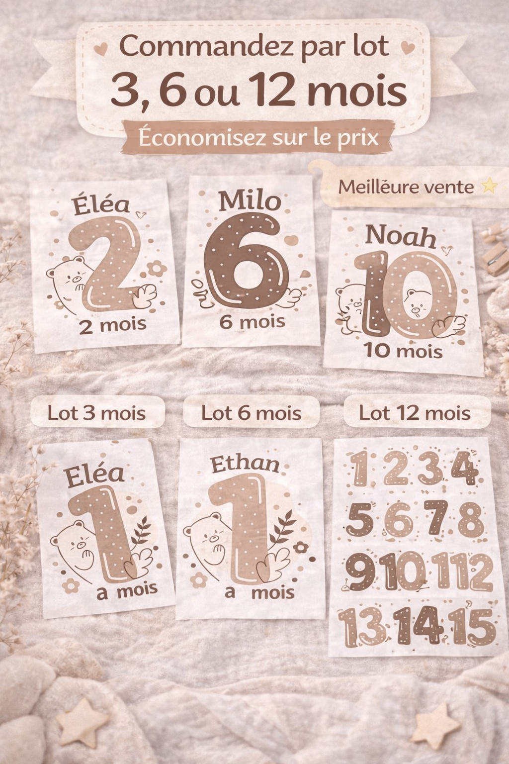 Transfert DTF bébé personnalisé – Prénom & âge (1 à 12 mois)