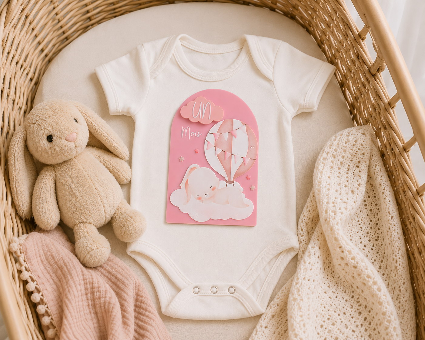 Carte Étape Bébé Ballon & Lapin Rose Aimantée