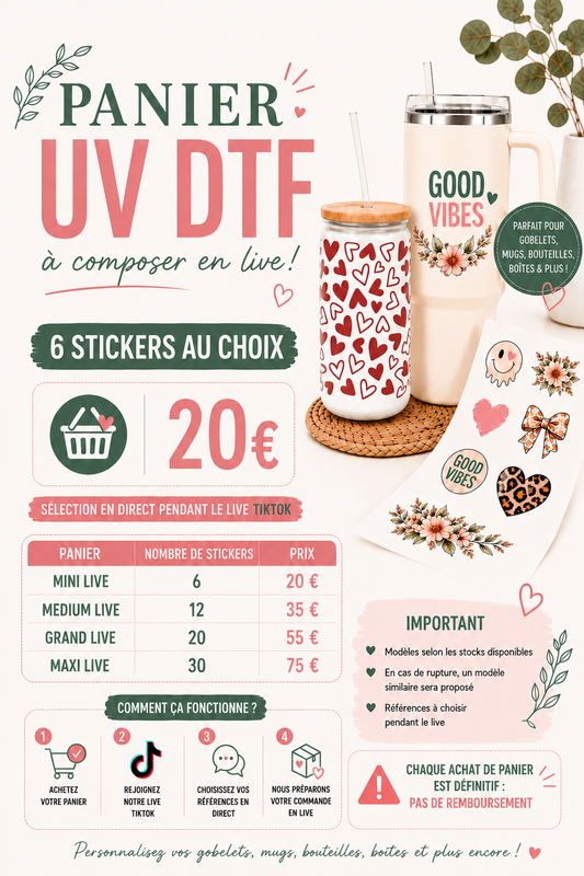 Panier UV DTF à composer en Live TikTok – 20 stickers au choix