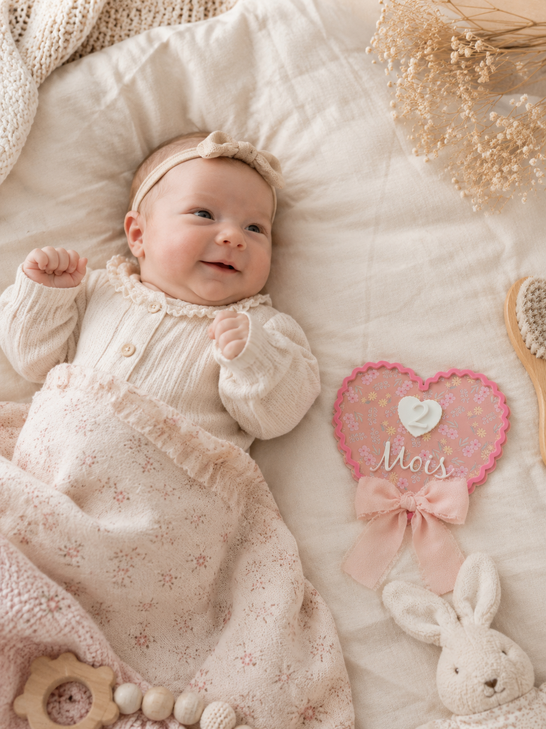 Jalons Bébé Mois en Acrylique – Lot de 12 Cœurs Fleuris Roses