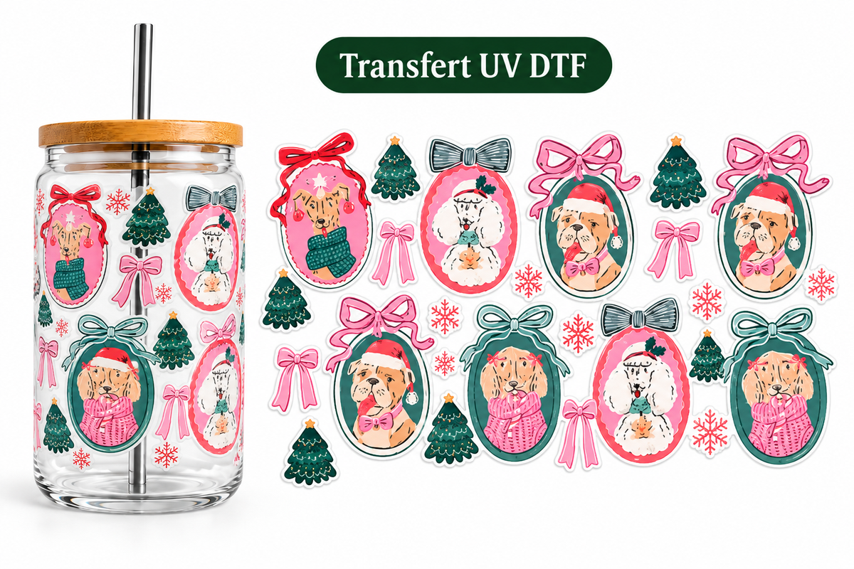 Transfert UV DTF – Chiens de Noël & Nœuds Roses 🎄🐶